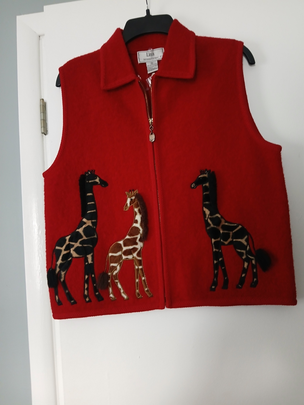 Lisa International Red Wool Vest with Giraffe Appliqués